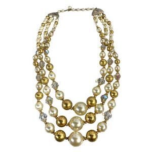 Vintage Three Strand Faux Pearl AB Crystal Beaded Gold Tone Necklace
